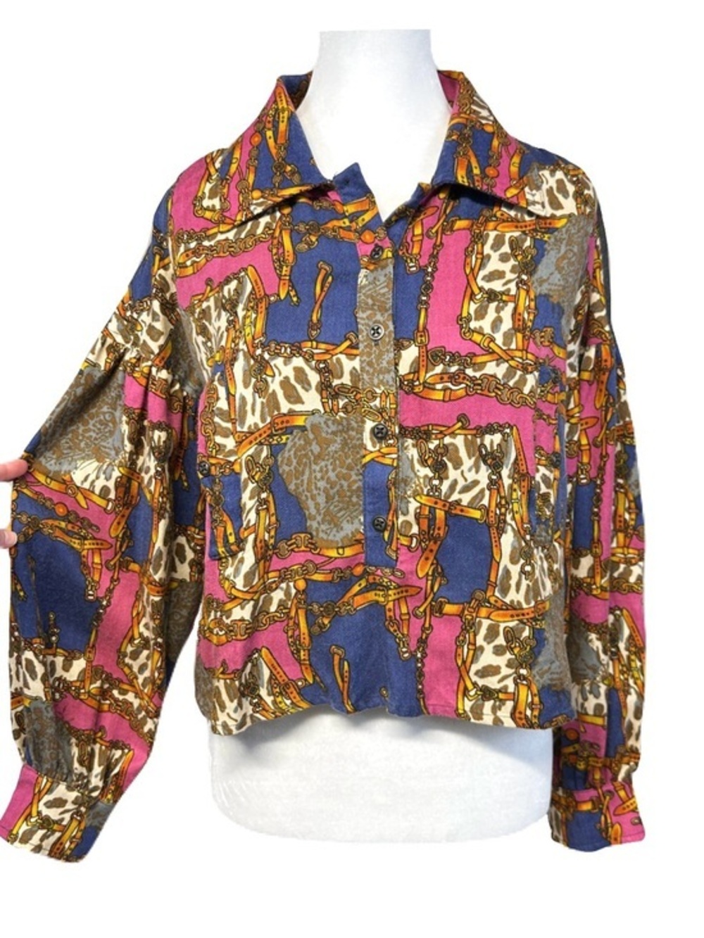 Vintage Line & Dot Chain Buckle Print Bright Button Shirt Retro 80s Art Western